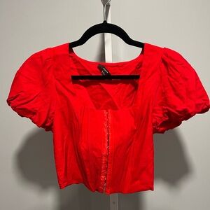 Blashe Red Boned Corset Square Neckline Puff Sleeve Crop Linen Top Size Large